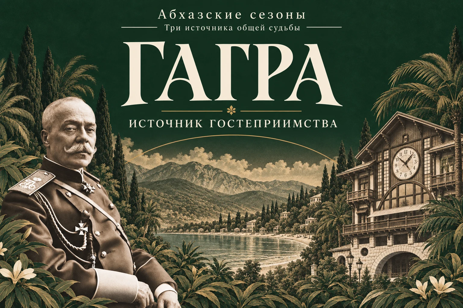 Гагра — Источник гостеприимства. Горизонтальная обложка с Ольденбургским и архитектурой курорта